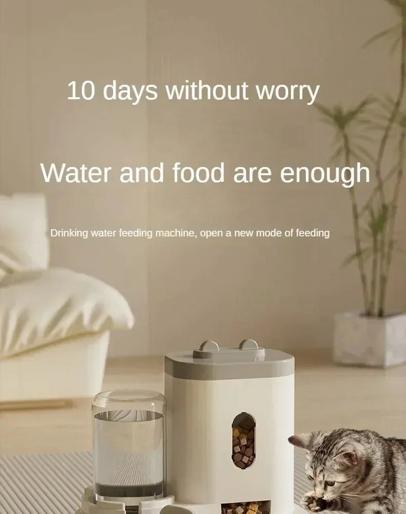 Cat drinking from a water fountain with text '10 days without worry. Water and food are enough.'