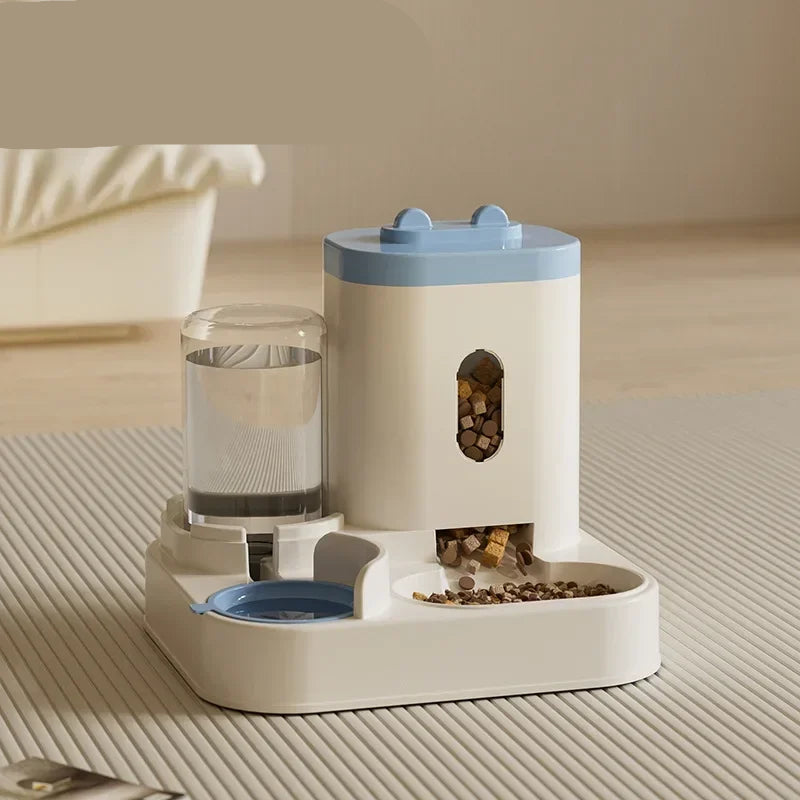 Pet feeder and water dispenser on a textured surface with text indicating dimensions.