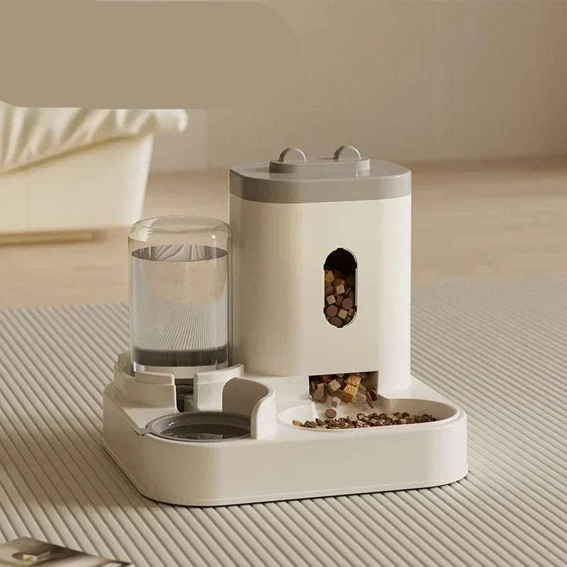 Pet feeding and water station with gray top and beige base on a neutral background