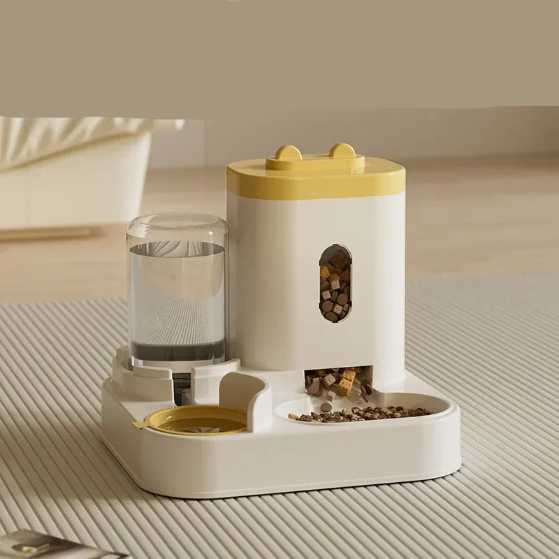 Pet feeder with water dispenser on a neutral background