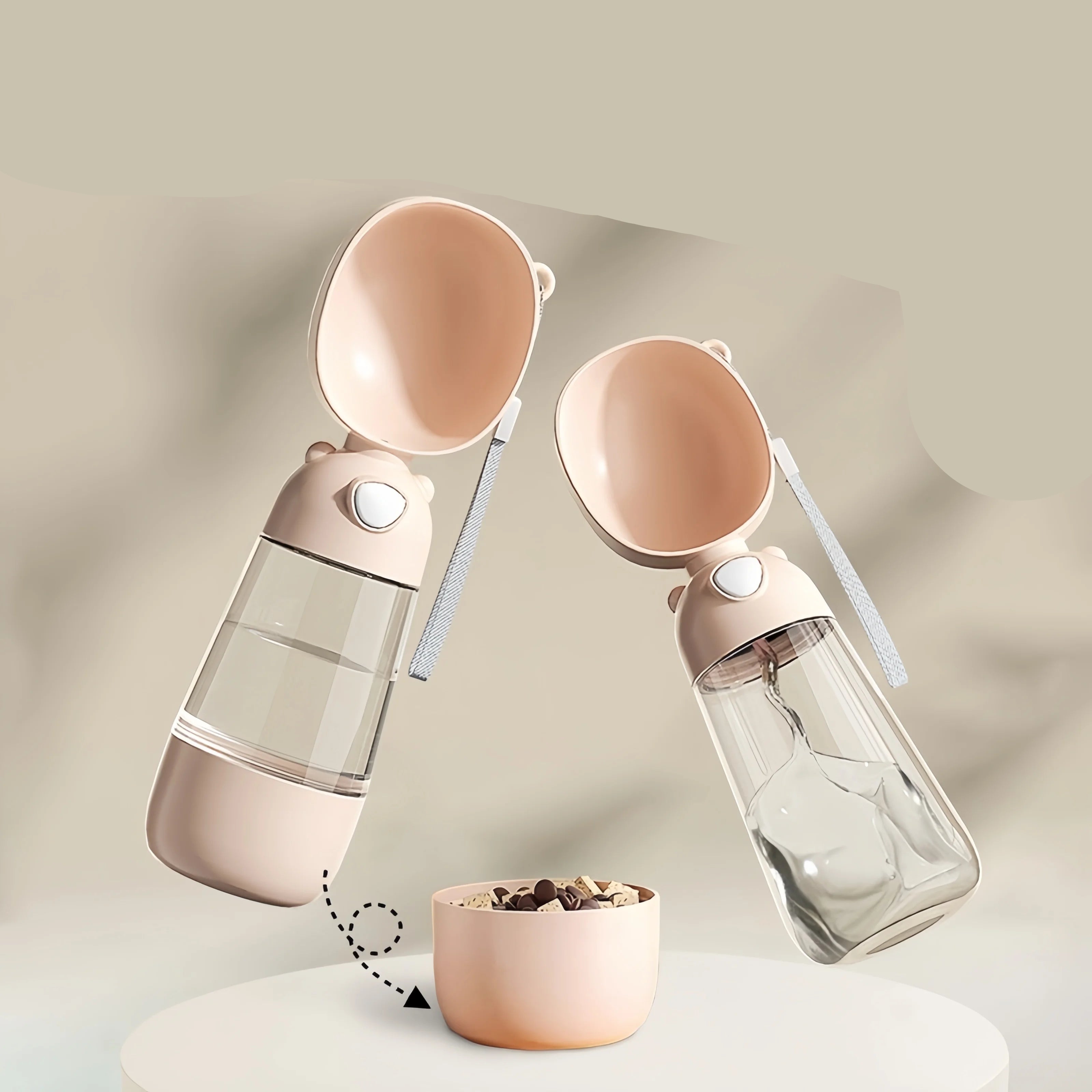 Two pet feeders with water bowls on a neutral background, featuring text about water-grain integrated dry-wet separation.