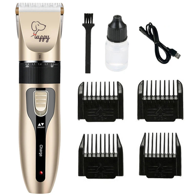 Pet grooming kit with hair trimmer and attachments on a white background