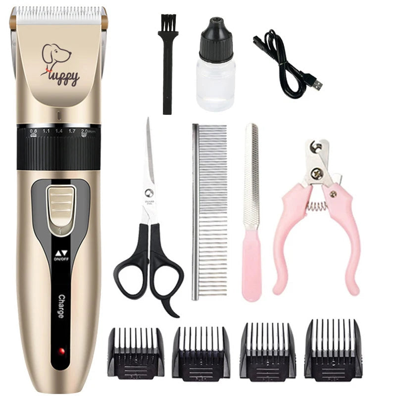 Pet grooming kit with hair trimmer, scissors, comb, nail clipper, and accessories on a white background.