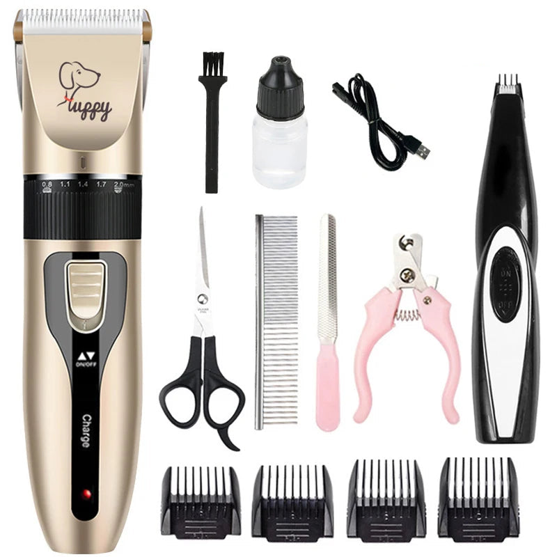 Pet grooming kit with various tools including a clipper, scissors, and nail clippers on a white background.