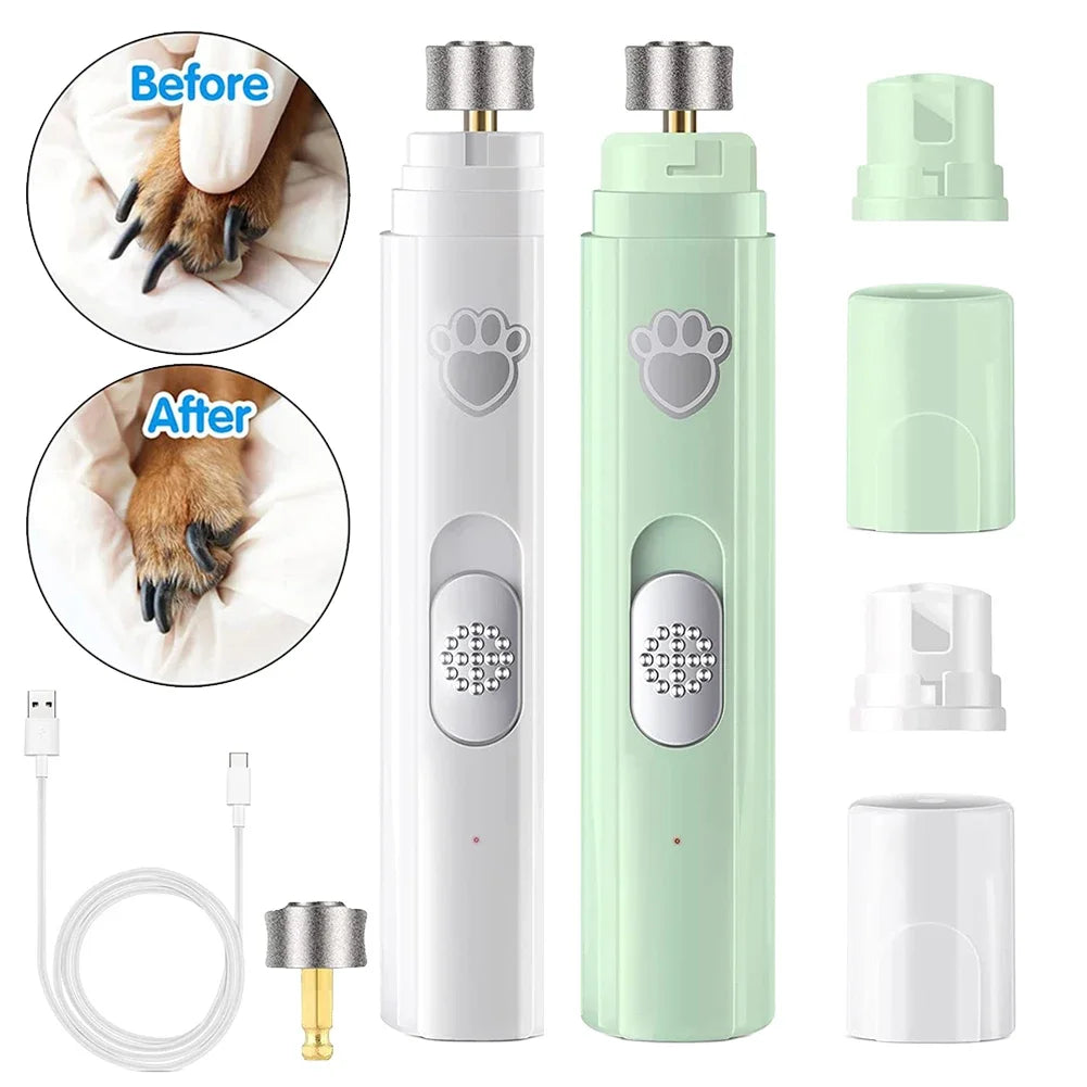 Pet nail grinder with attachments and before-after images of a dog's paw.