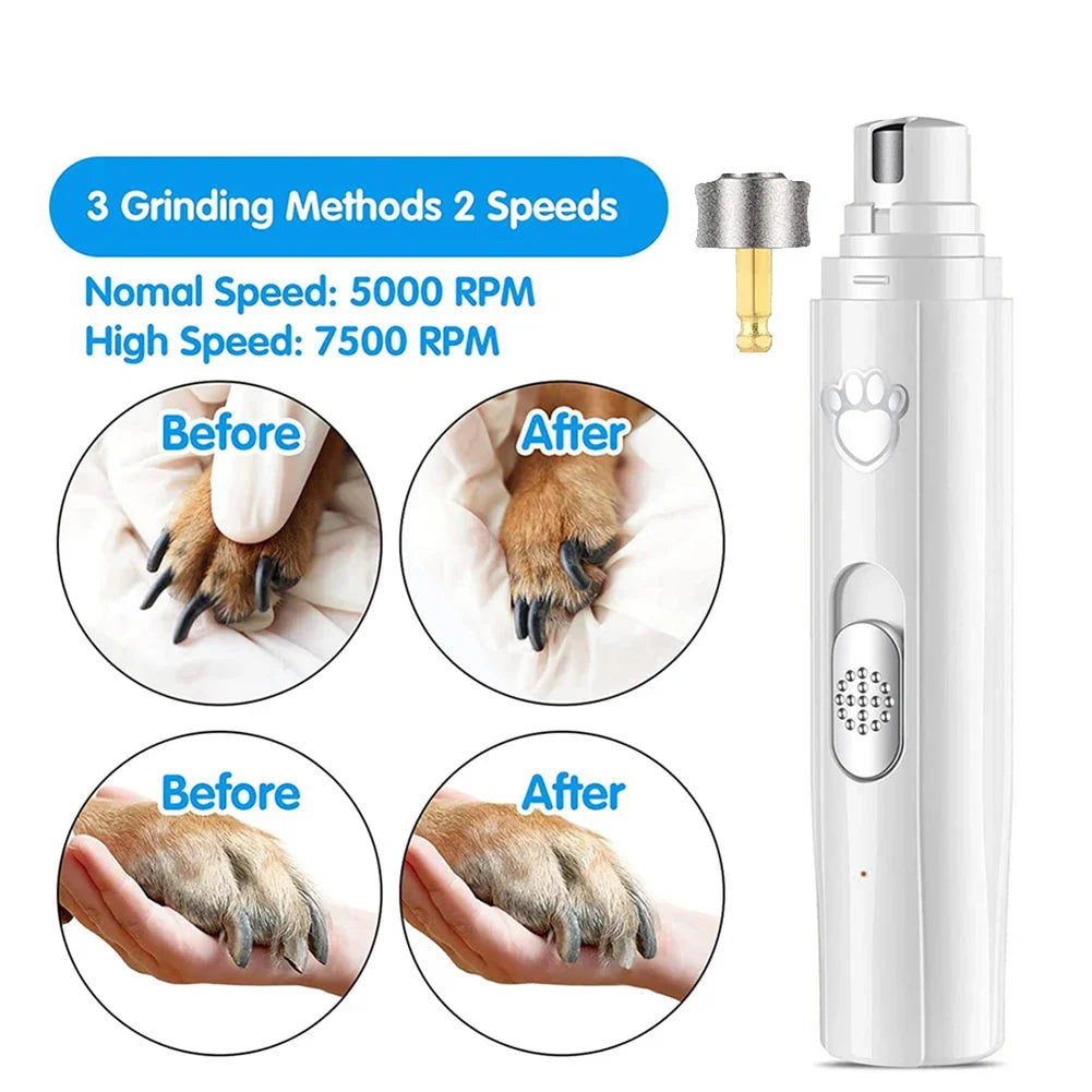 Electric pet nail grinder with before and after images of a dog's nails.