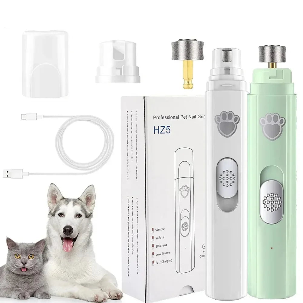 Electric pet nail grinder with packaging, dog, and cat on a white background