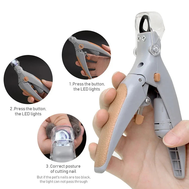 Pet nail clipper with instructions on how to use it, including adjustable lighting.