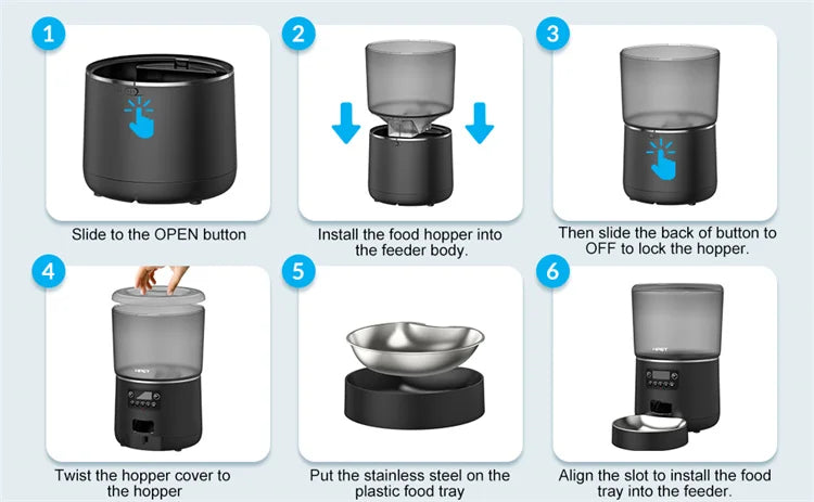 Step-by-step assembly instructions for a pet feeder with images and text.