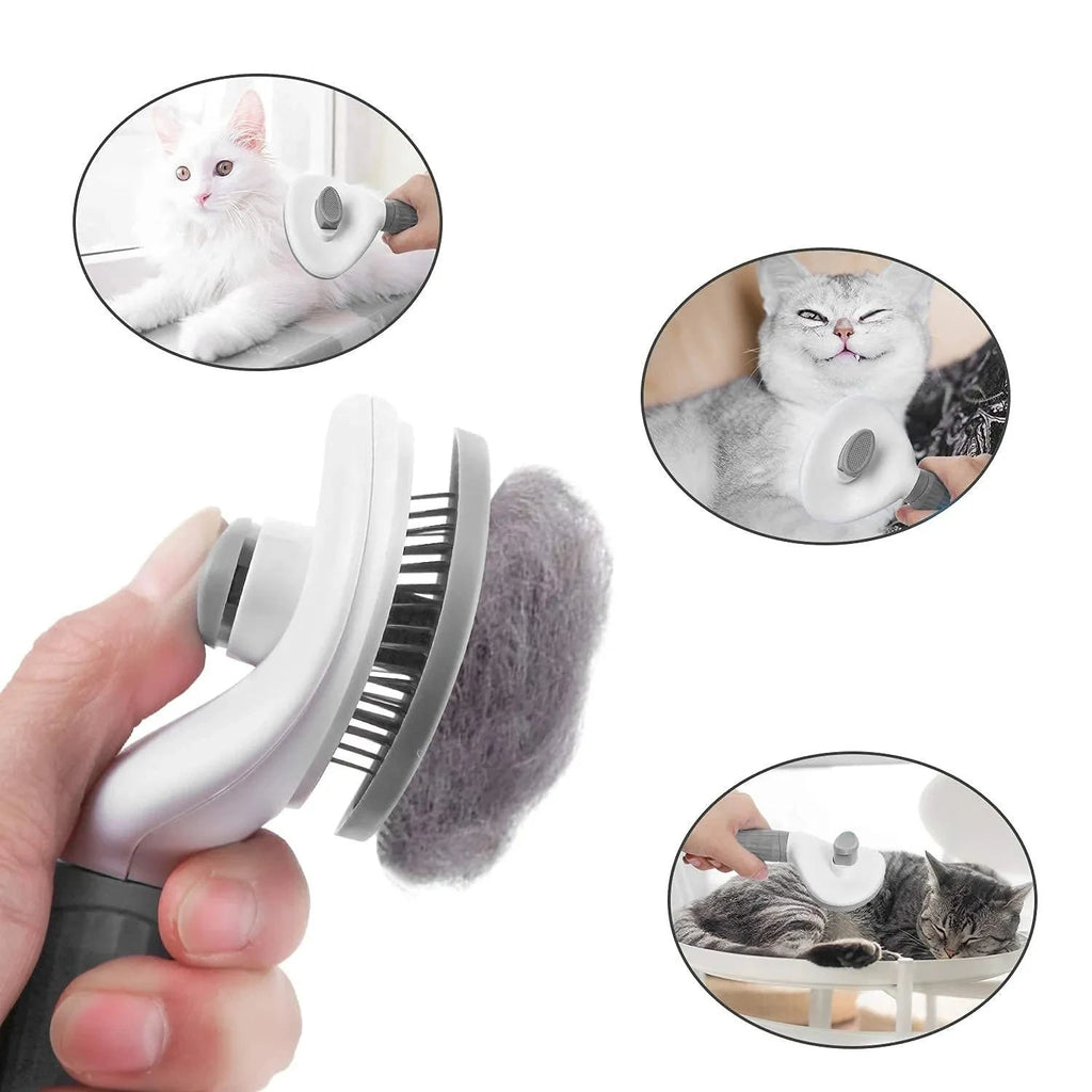 Massage brush with fur collected, shown with a hand holding it, and images of cats using the brush.