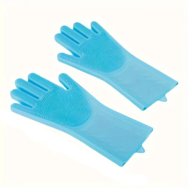 Pair of blue silicone gloves with textured palm on a white background