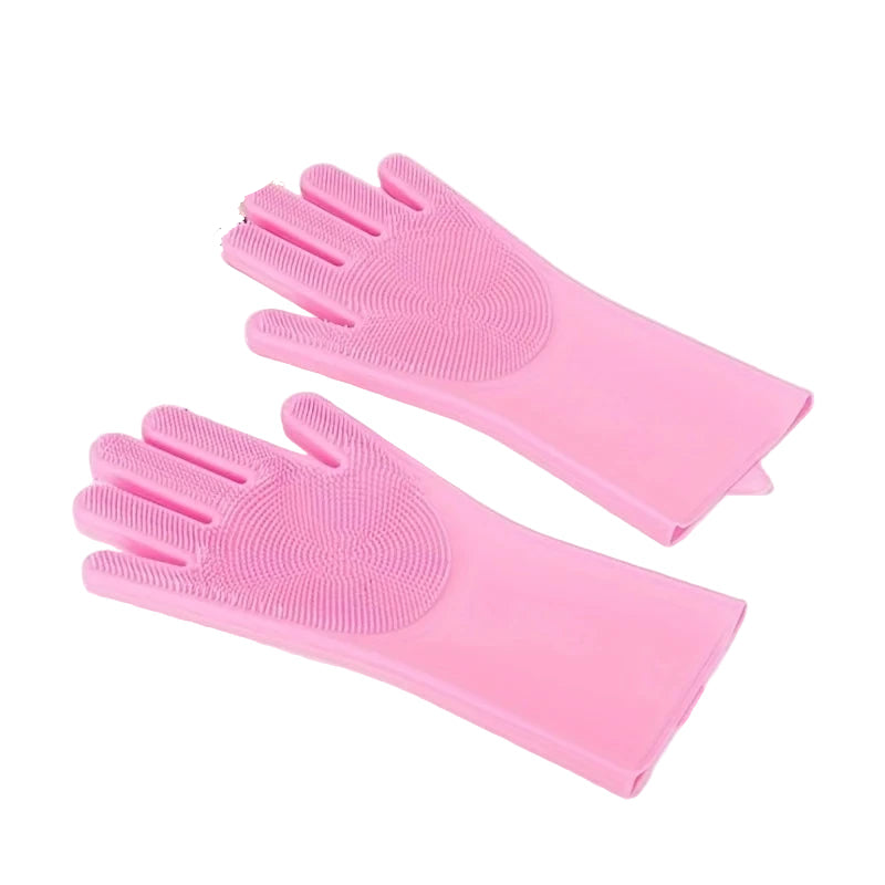 Pair of pink silicone gloves on a white background