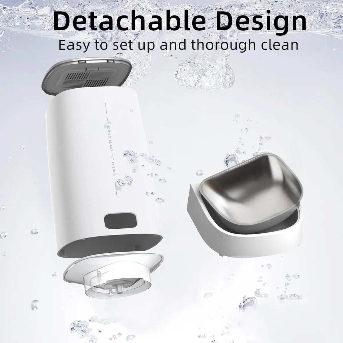 Detachable shower head and basin with water droplets on a light gray background