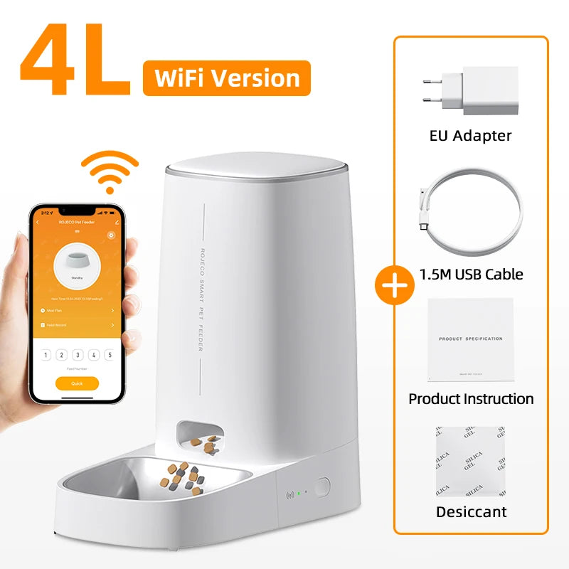 White pet feeder with smartphone app, EU adapter, USB cable, product instruction, and desiccant on a white background.