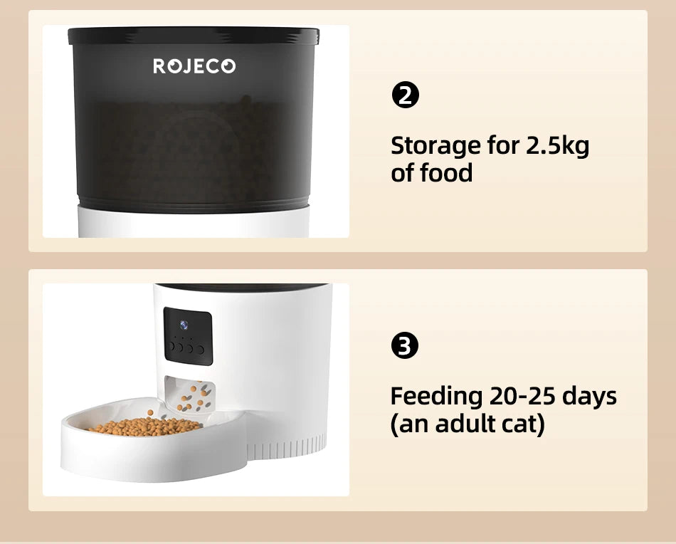 Rojeco pet food dispenser with storage capacity and feeding duration information on a beige background