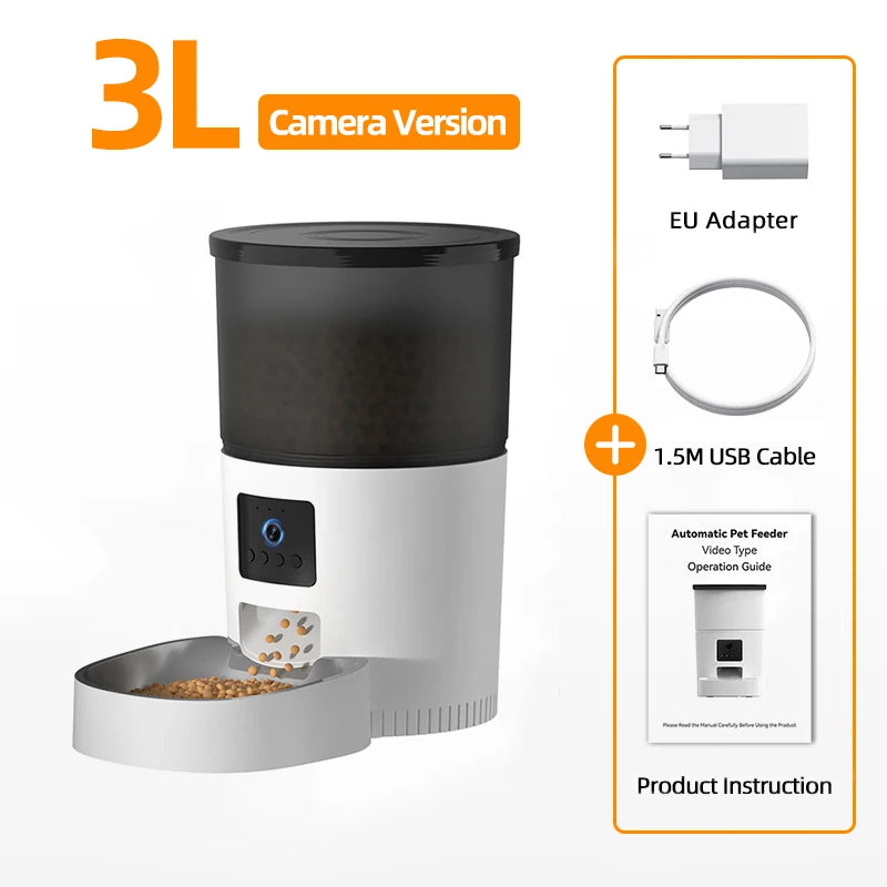 3L Camera Version automatic pet feeder with EU adapter, USB cable, and product instruction on a white background