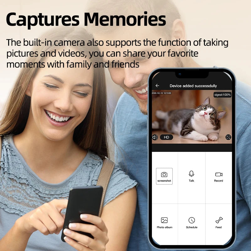 Couple using a smartphone with a cat photo on the screen, text about capturing memories.