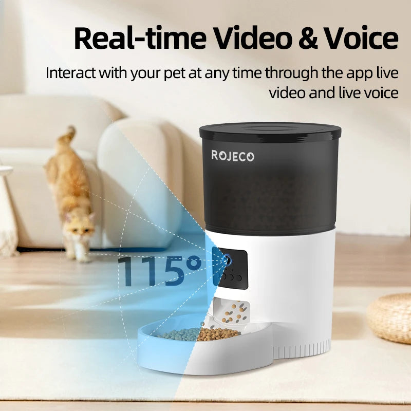 Pet feeder with temperature display and text about real-time video and voice interaction, brand 'ROJECO' visible.