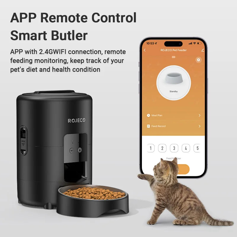 ROJECO 2L Automatic Pet Feeder with Wi-Fi App Control – Smart Cat & Dog Food Dispenser