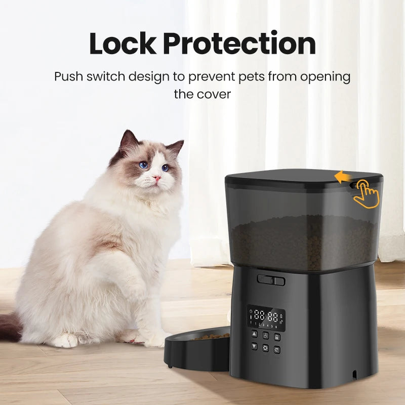 Cat sitting next to a black pet feeder with lock protection feature.
