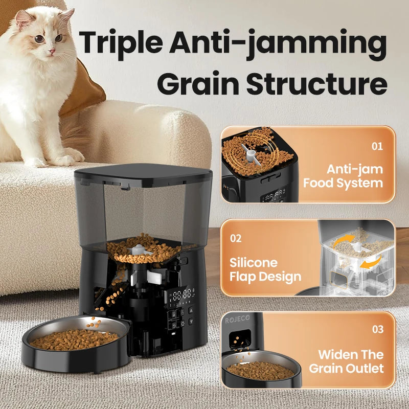 Pet food dispenser with text highlighting features, including a cat sitting on a couch.