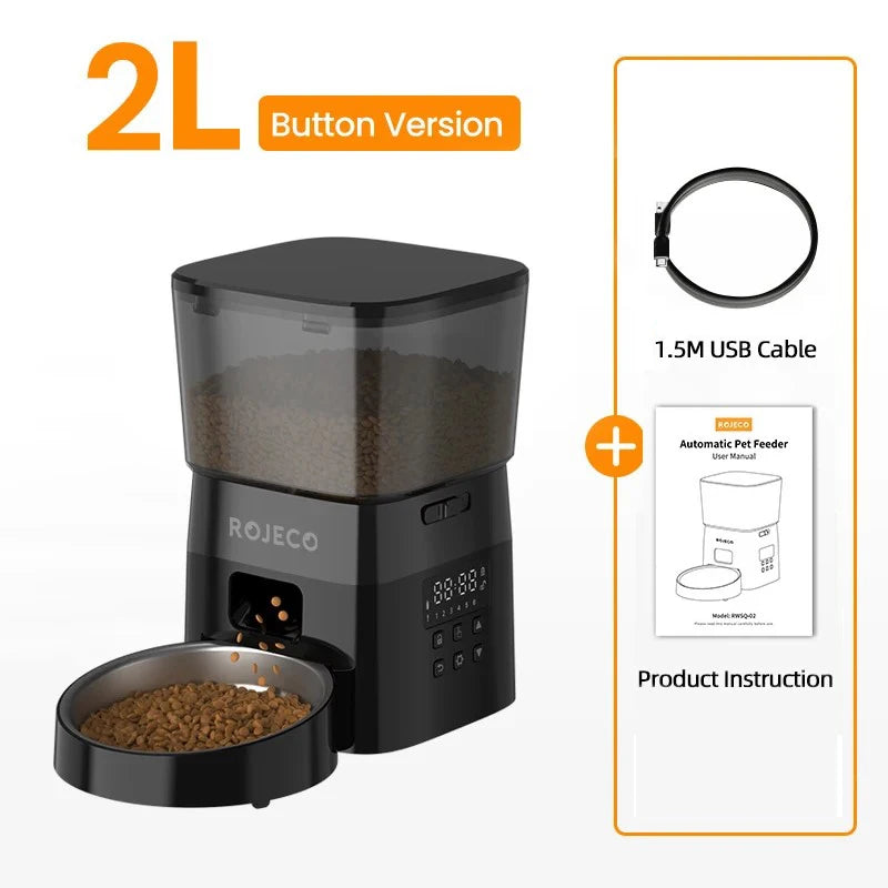 Rojeco automatic pet feeder with 2L capacity, USB cable, and product instruction on a white background.