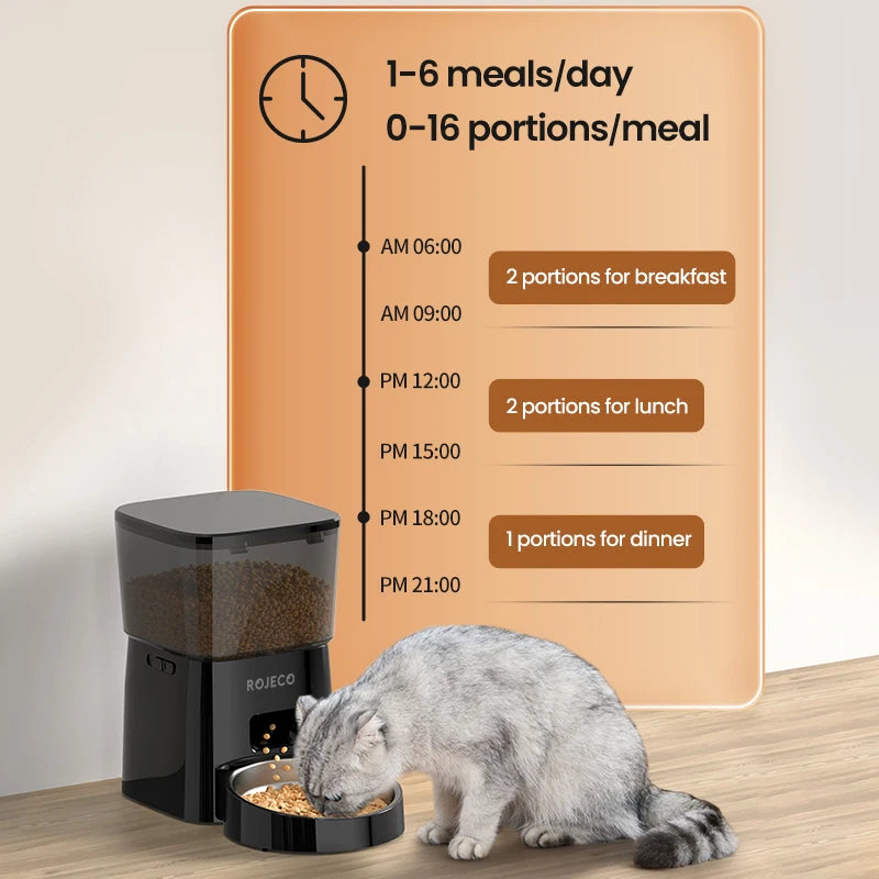 Pet food dispenser with a cat eating, next to a feeding schedule chart on a wooden surface.