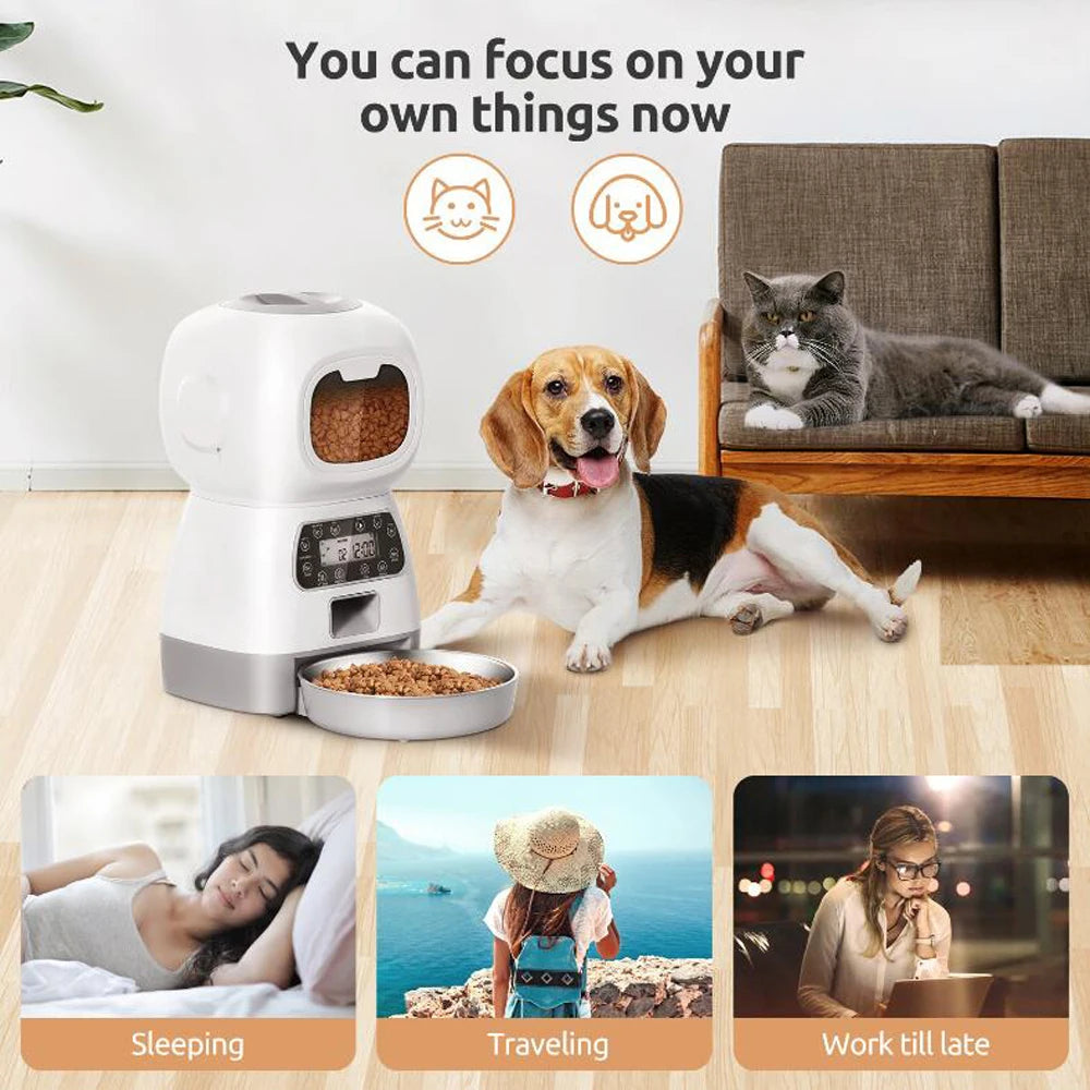 Pet feeder with a dog and cat, and lifestyle images of people sleeping, traveling, and working.