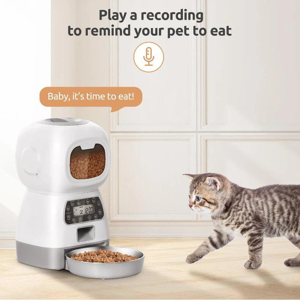 Pet feeder with a cat next to it, featuring text and a microphone icon.