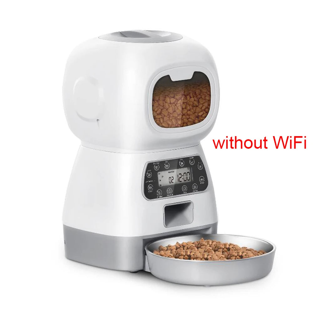 White and gray pet food dispenser with a bowl of food on a white background, featuring text 'without WiFi'.