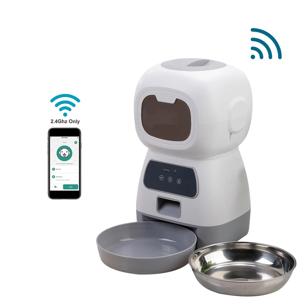Pet feeder with smartphone app interface on a white background