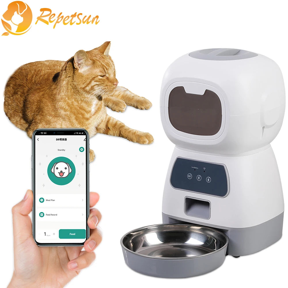Pet feeder with a cat, smartphone, and Repetsun logo on a white background