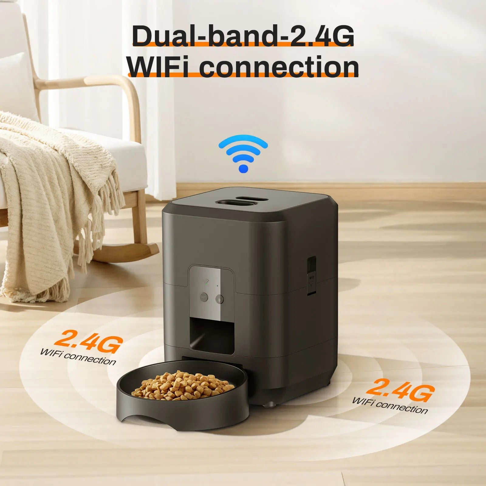 Black pet feeder with 2.4G WiFi connection on a wooden floor.