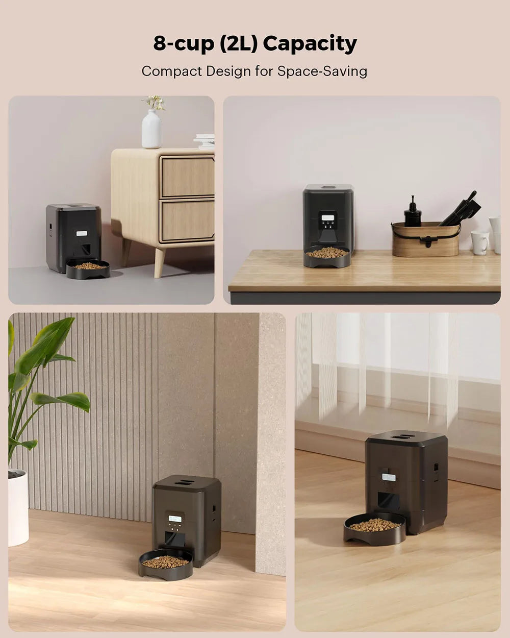 Pet food dispenser with 8-cup capacity and compact design in various settings.