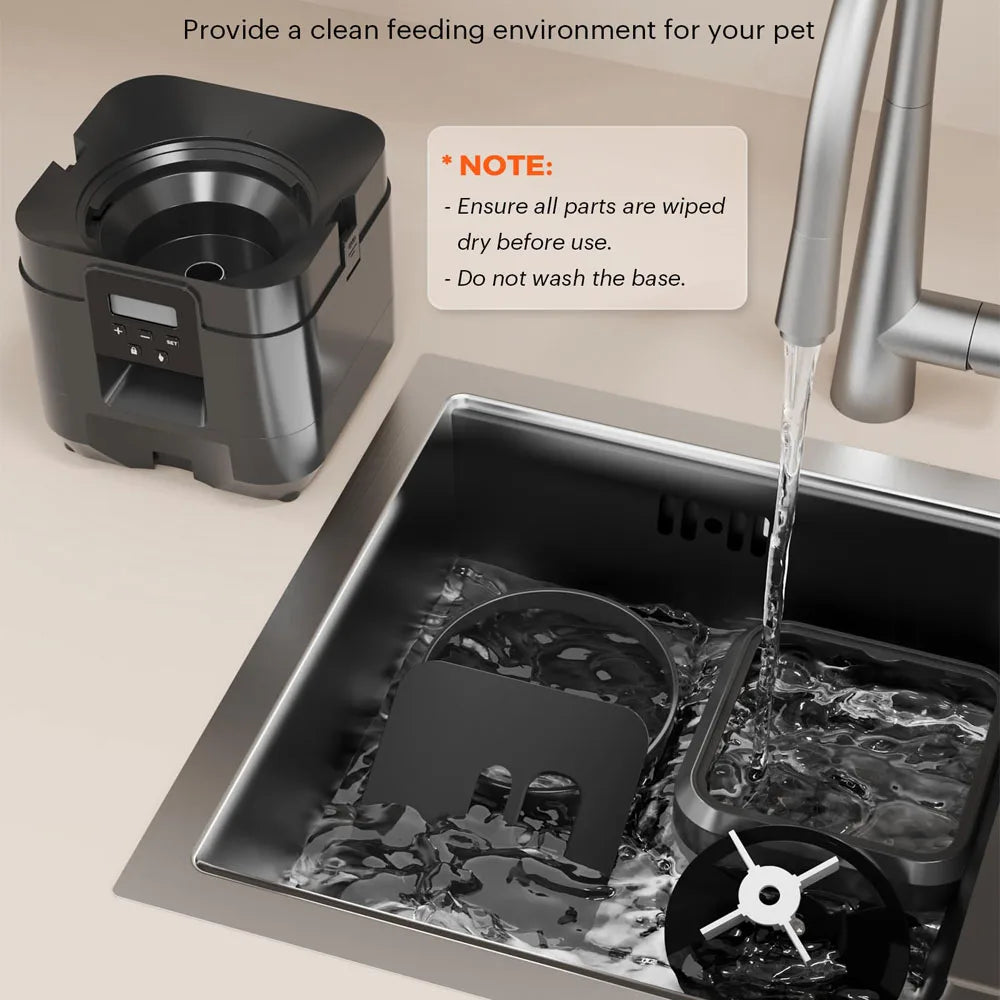 Pet feeding station with water being poured into it, on a beige surface.