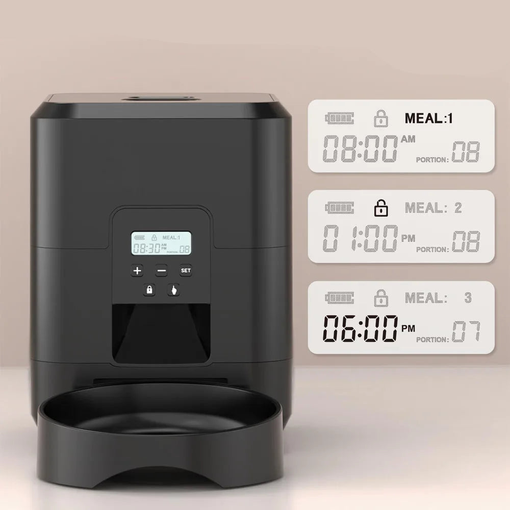 Black pet feeder with digital display and meal schedule timers on a beige background