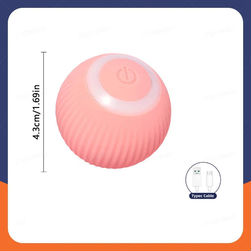 Pink pet jump ball with power symbol and dimensions on a white background