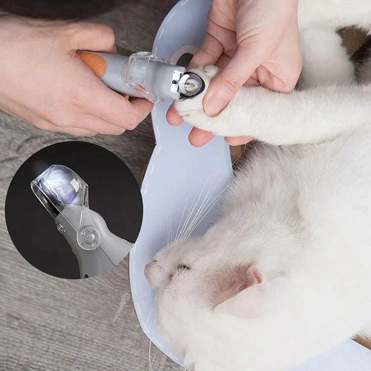Person trimming a cat's nails with a pet nail clipper tool.