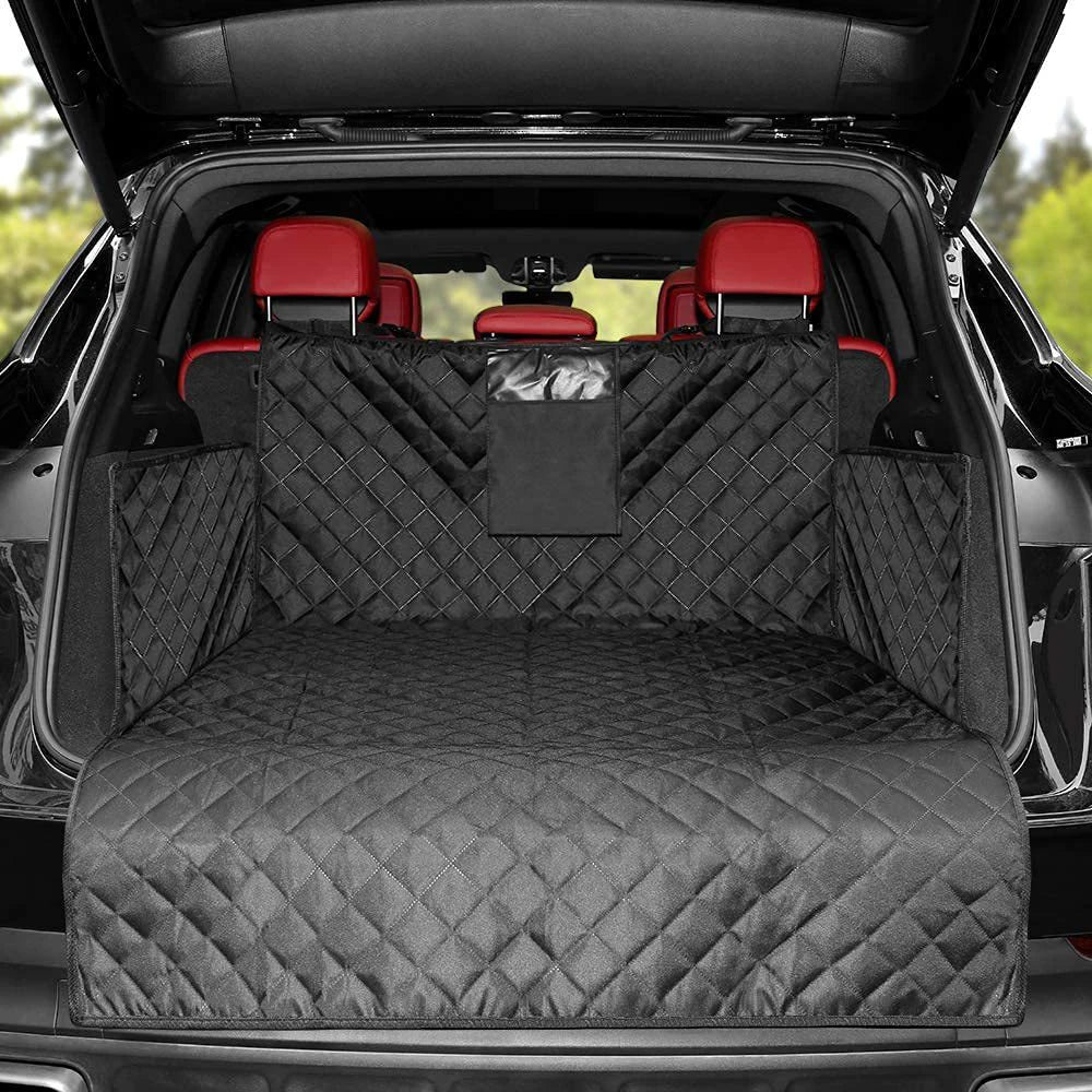 Black quilted car mat in a vehicle with red interior